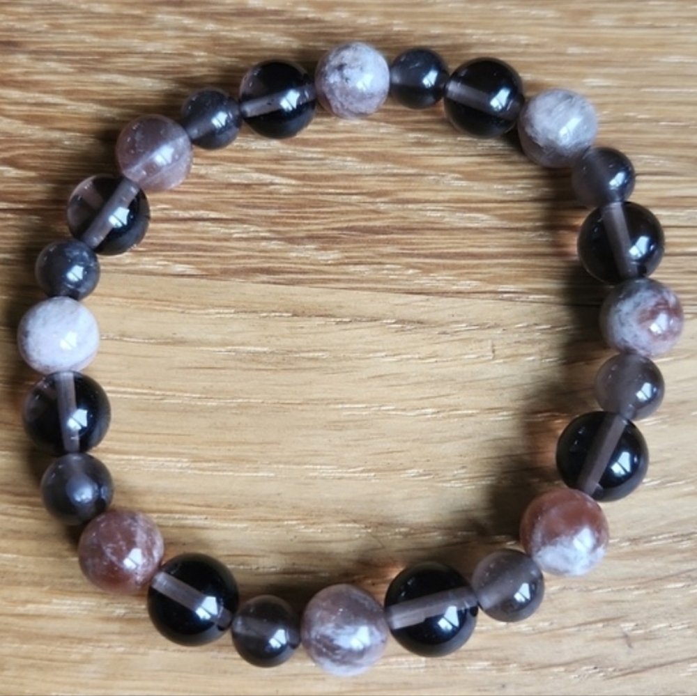 Fire Sunstone, Smoky Quartz & Ice Obsidian Bead Stretch Bracelet, Hand Crafted - Picture 2 of 9